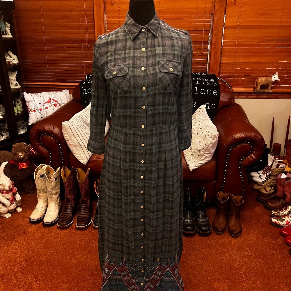 3J Workshop Johnny Was Embroidered Long Dress XS Blue Plaid